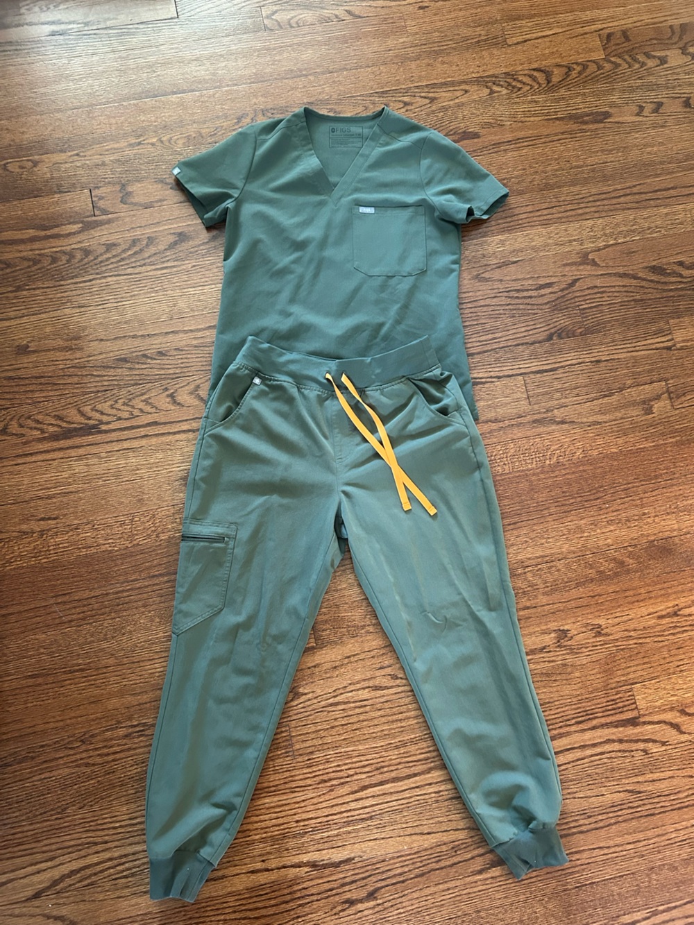 Figs Olive Green Scrub Set with Yellow Drawcord